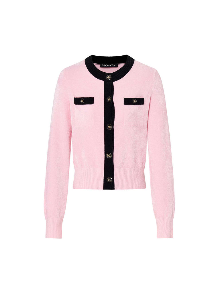 MO&Co. Women's Contrast Crew Neck Soft Textured Knitted Cardigan in Baby Pink