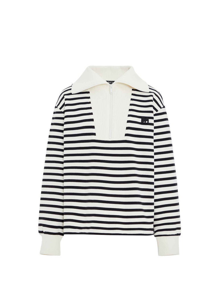MO&Co. Women's Striped Half Zip Pullover Sweatshirt in Black and White