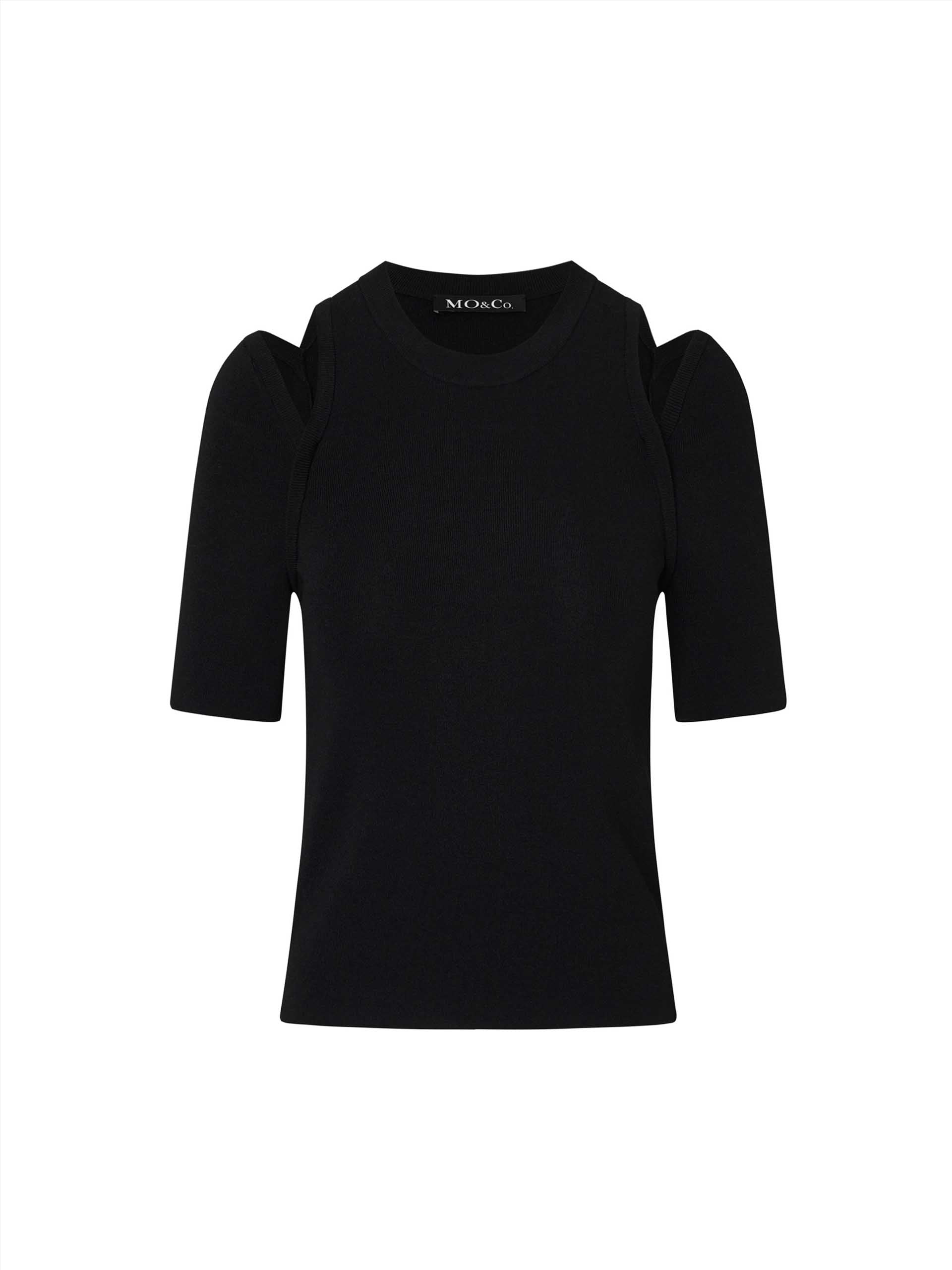 MO&Co. Women's Shoulder Cut Short Sleeves Knit Top in Black