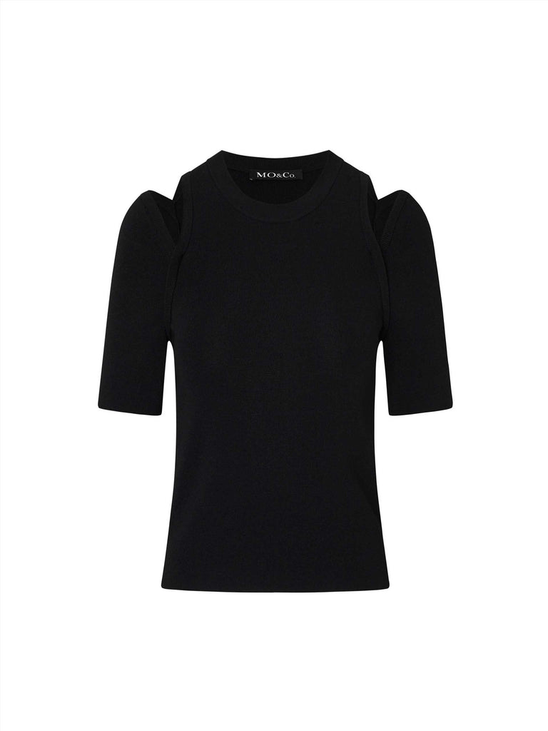 MO&Co. Women's Shoulder Cut Short Sleeves Knit Top in Black