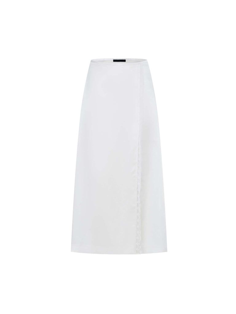 MO&Co. Women's Slant Slit Detail Solid Color A-line Midi Skirt in Acetate White with lace trimmed