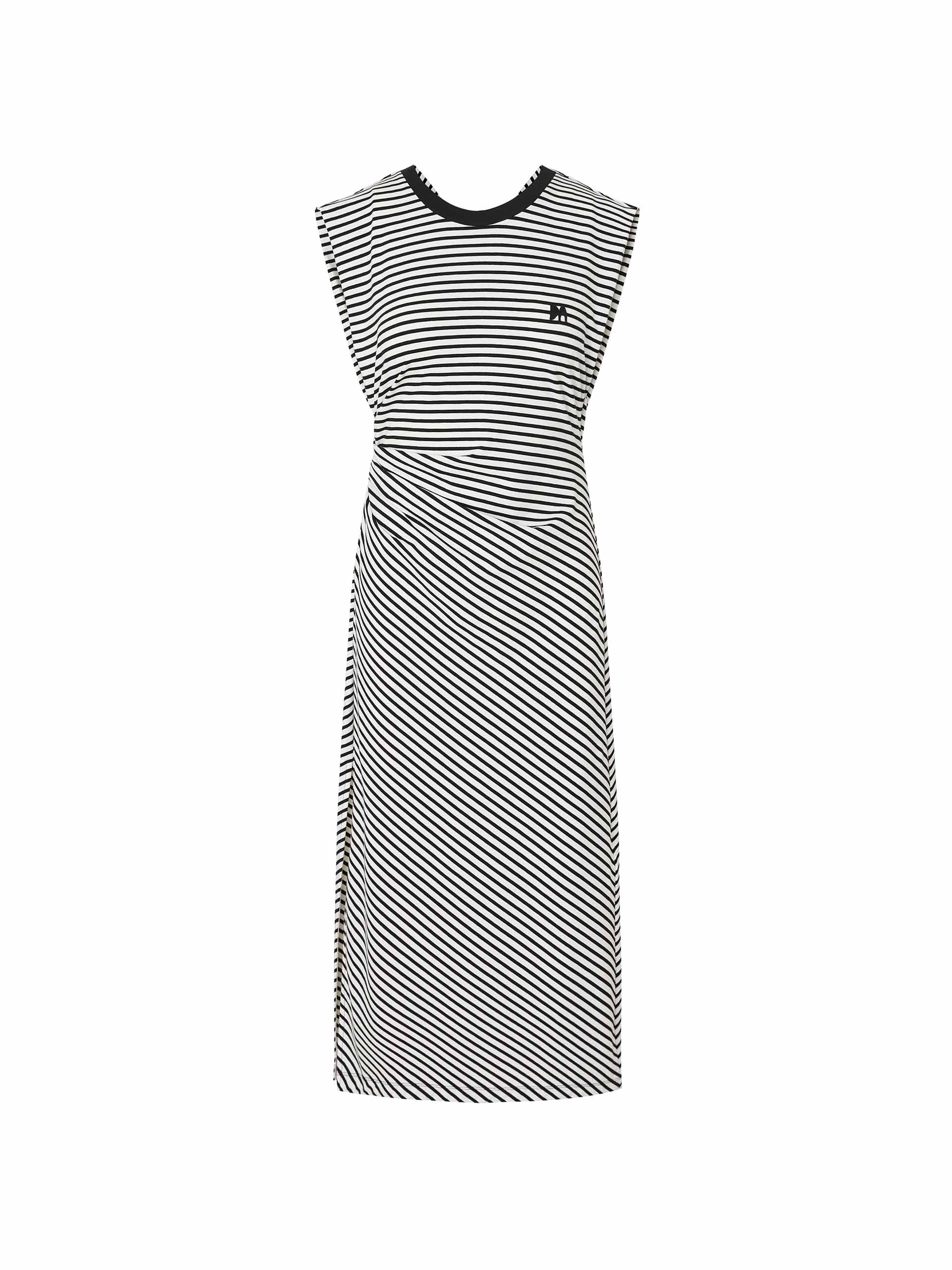 Be effortlessly elegant in this MO&Co. Gathered Waist Stripe dress in Classic Black and White. It features a timeless black and white striped pattern, a pleated gathering at the waist, a cross design at the back, and wide shoulders for a flattering silhouette.