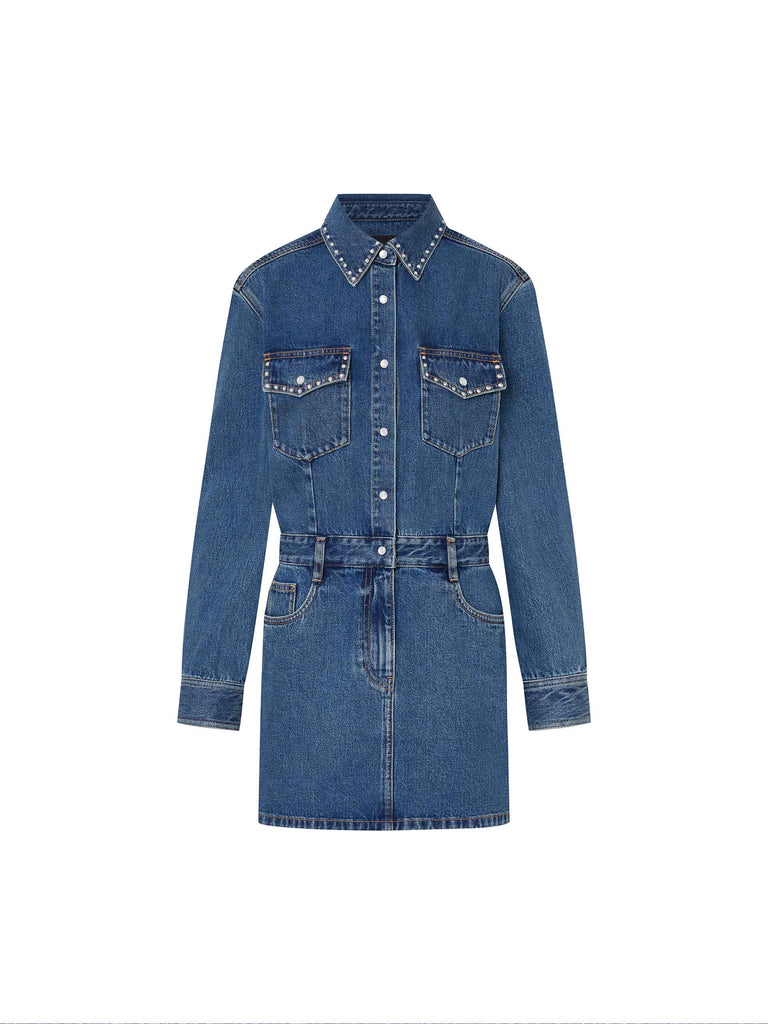 MO&Co. Women's Blue Long Sleeve Shirt Denim Mini Dress with Rhinestone Details