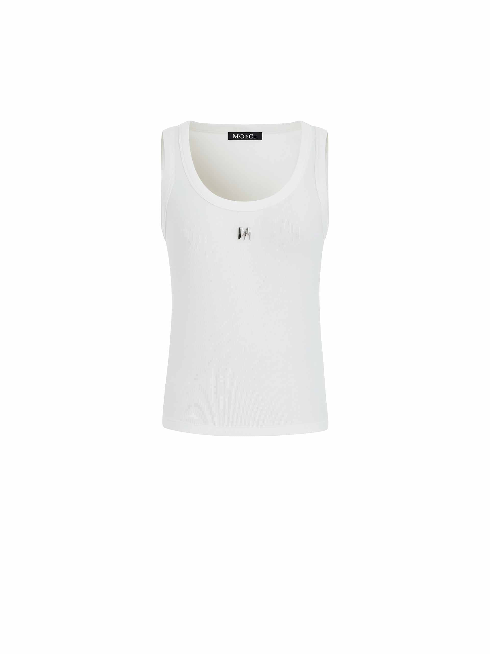 MO&Co. Women's White Metallic Detail Round Neck Ribbed Tank Top