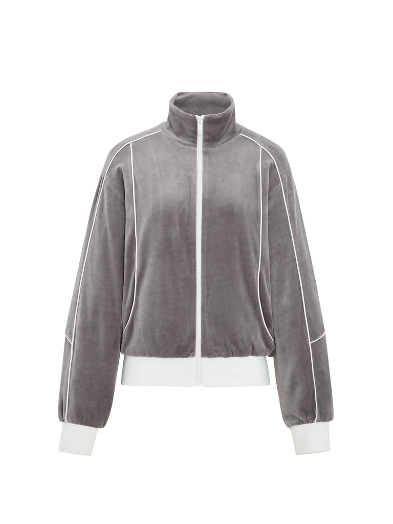 MO&Co. Women's Contrast Seam Zipped Velvet Touch Track Jacket in Grey