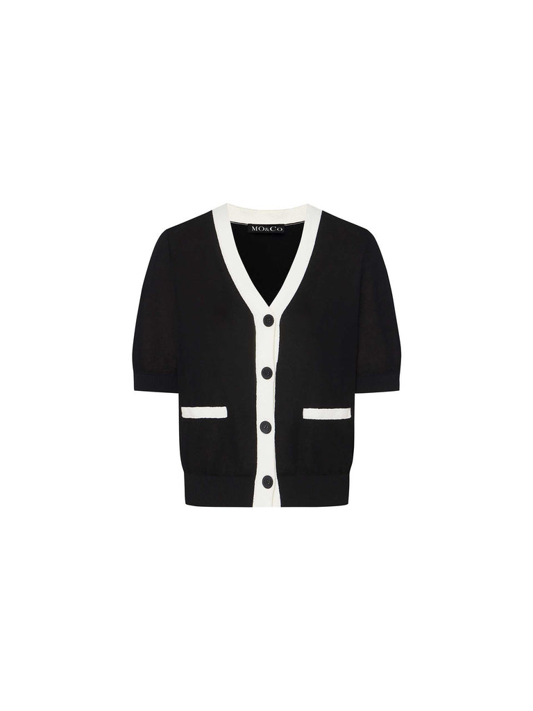 MO&Co. Women's Contrast Trim Button Up Short Sleeves Cropped Cardigan in Black