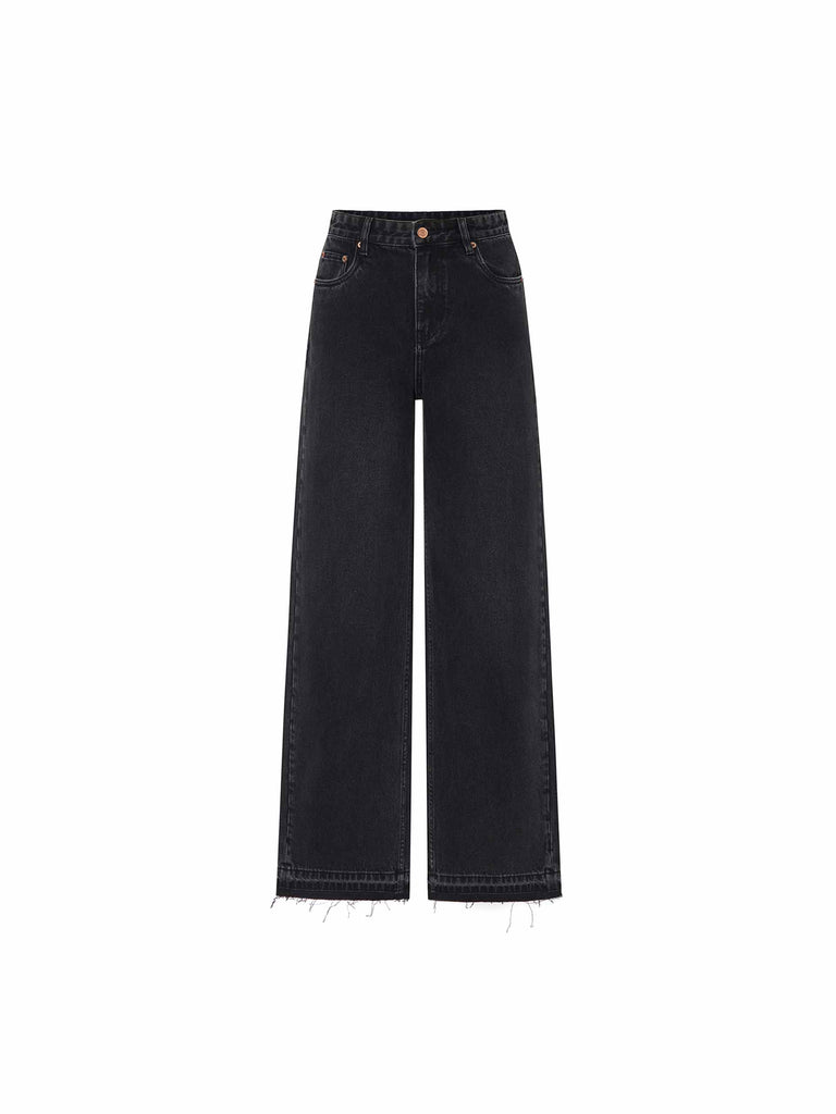 MO&Co. Women's High-rise Wide Leg Full Length Jeans in Washed Black