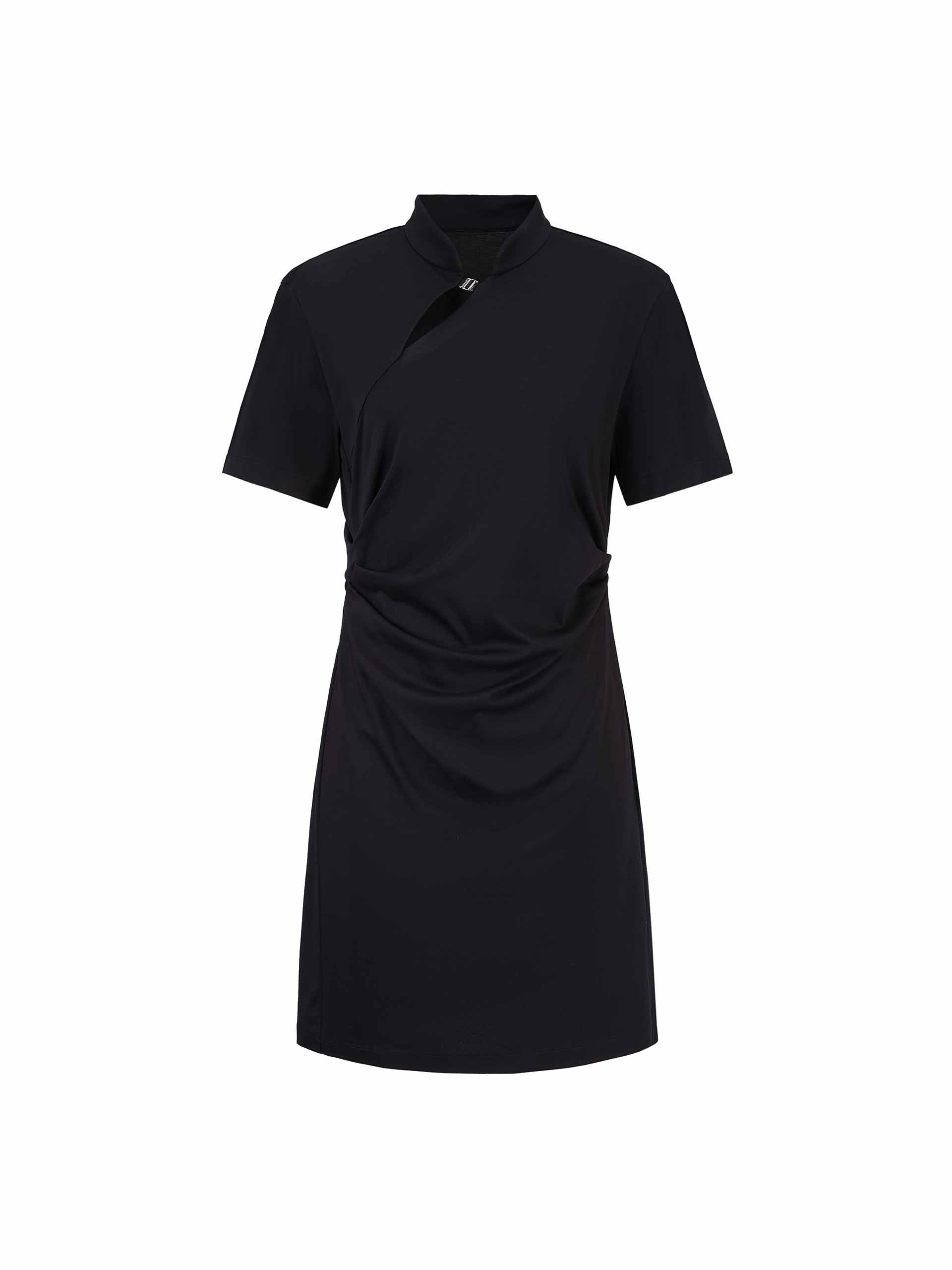 MO&Co. Women's Stand Collar Pleated Mini Dress in Black showcases an accentuated waistline, classic mandarin collar, and a unique slanted placket with metal button details for a perfect blend of classic and modern.