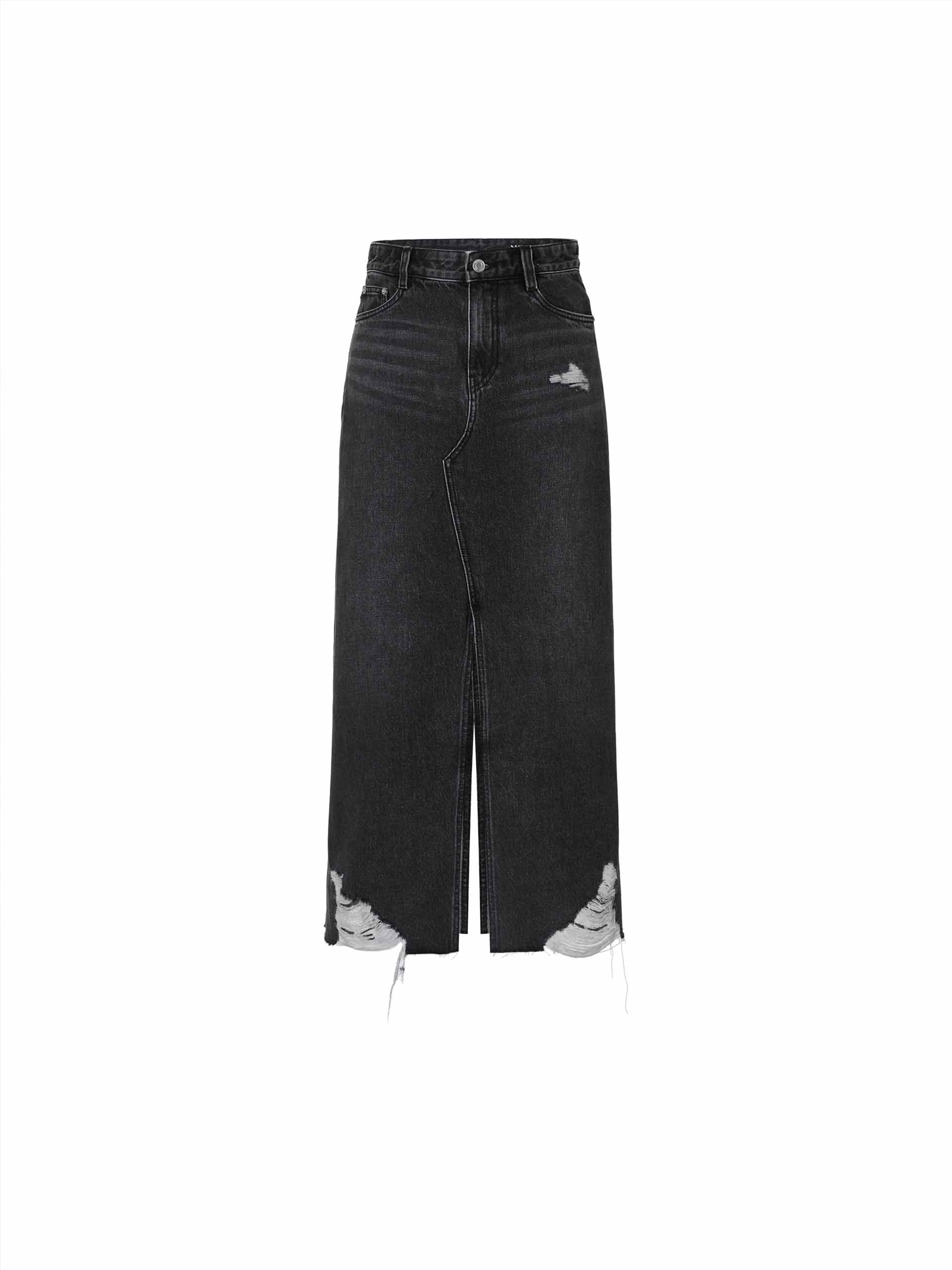 MO&Co. Women's Frayed Hem Maxi Cotton Denim Skirt in Washed Black