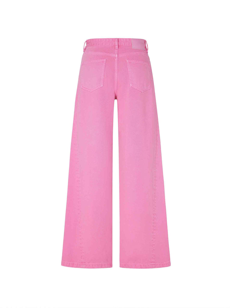 MO&Co. Women's High Rise Seams Details Wide-leg Jeans in Pink features five-pocket design, slanted seams details, comfortable cotton material