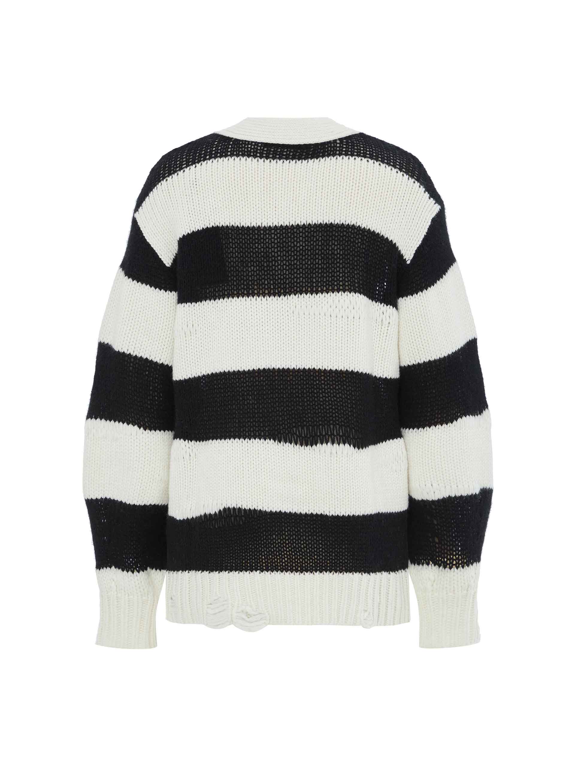 MO&Co. Women's Striped Relaxed Distressed Wool Cashmere Yak Blend Cardigan in Black and White