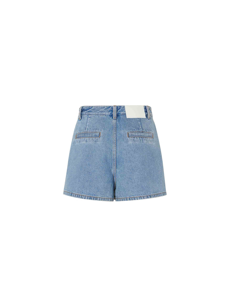 MO&Co. Women's Bowknot Pattern Blue Denim Mini Skort and Short features allover bowknot printed design, mini length, skort silhouette, and a button and zip closure for a perfect fit.