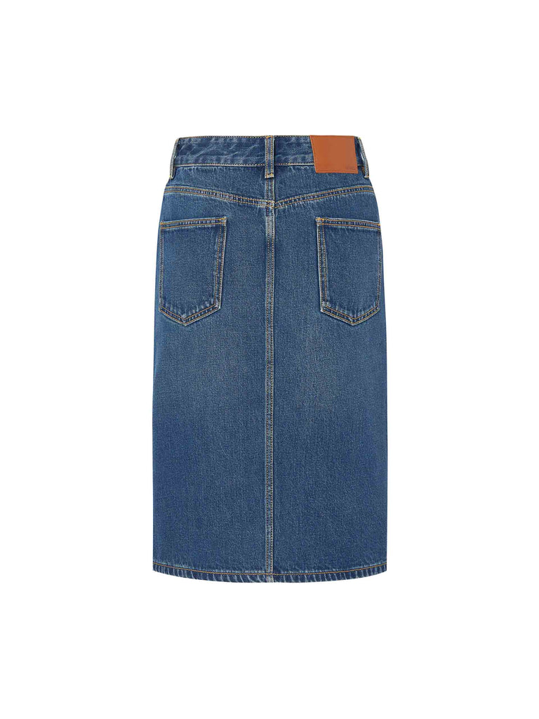 MO&Co. Women's Front Slit Straight Denim Midi Skirt in Blue