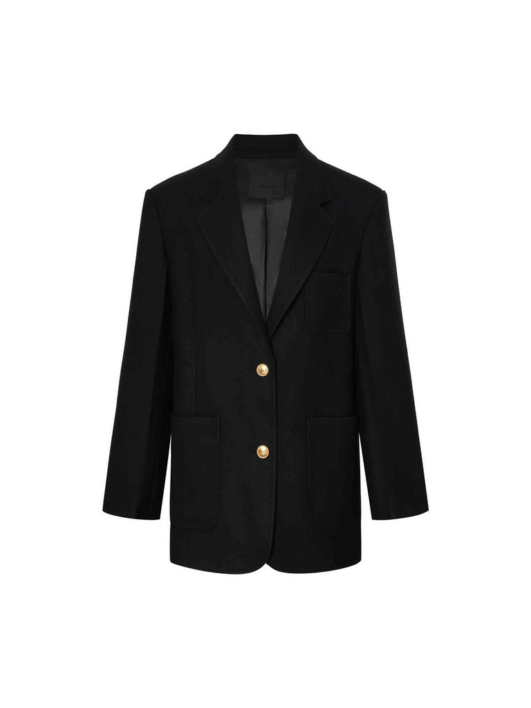 MO&Co. Women's Single Breasted Wool Blend Textured Tailored Blazer in Black with multi pockets and structured cut