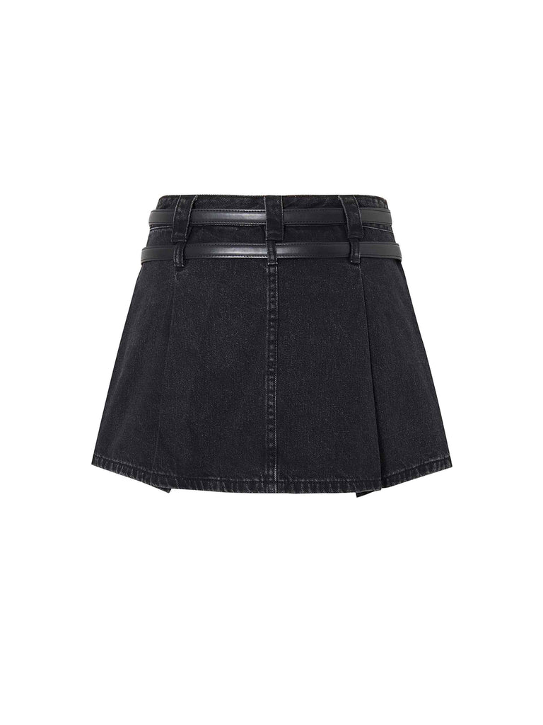 MO&Co. Women's Washed Black Pleated Mini Denim Skirt with Belt