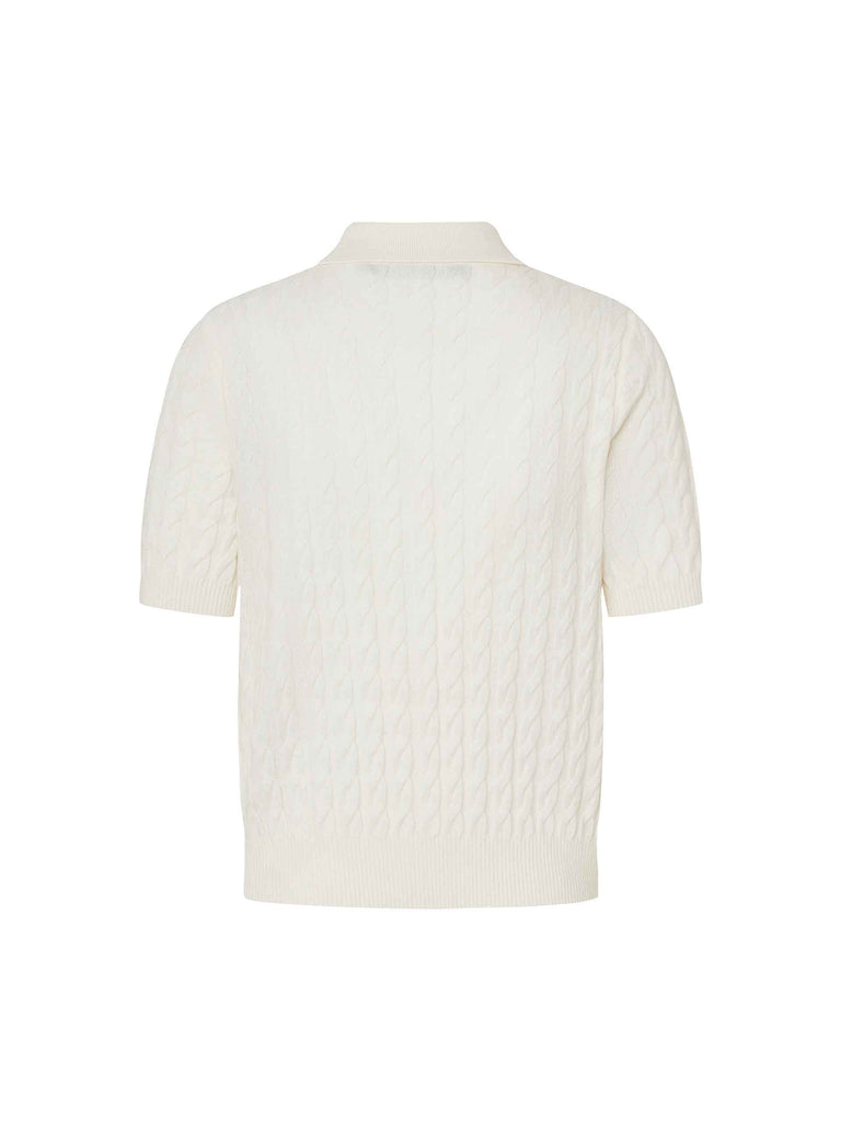 MO&Co. Women's Wool Cashmere Cable Knitted Short Sleeves Polo Sweater in White