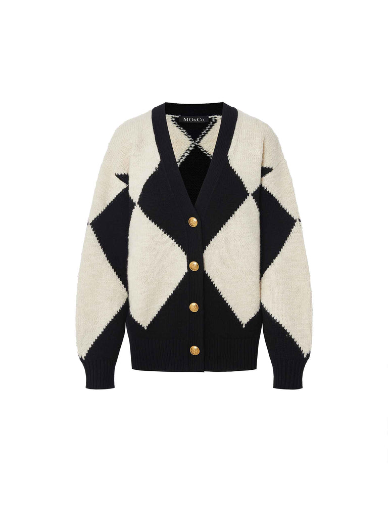 MO&Co. Women's Diamond Check Knit Wool-Blend Cardigan in Black and White with V neck, drop shoulders, metallic gold buttons