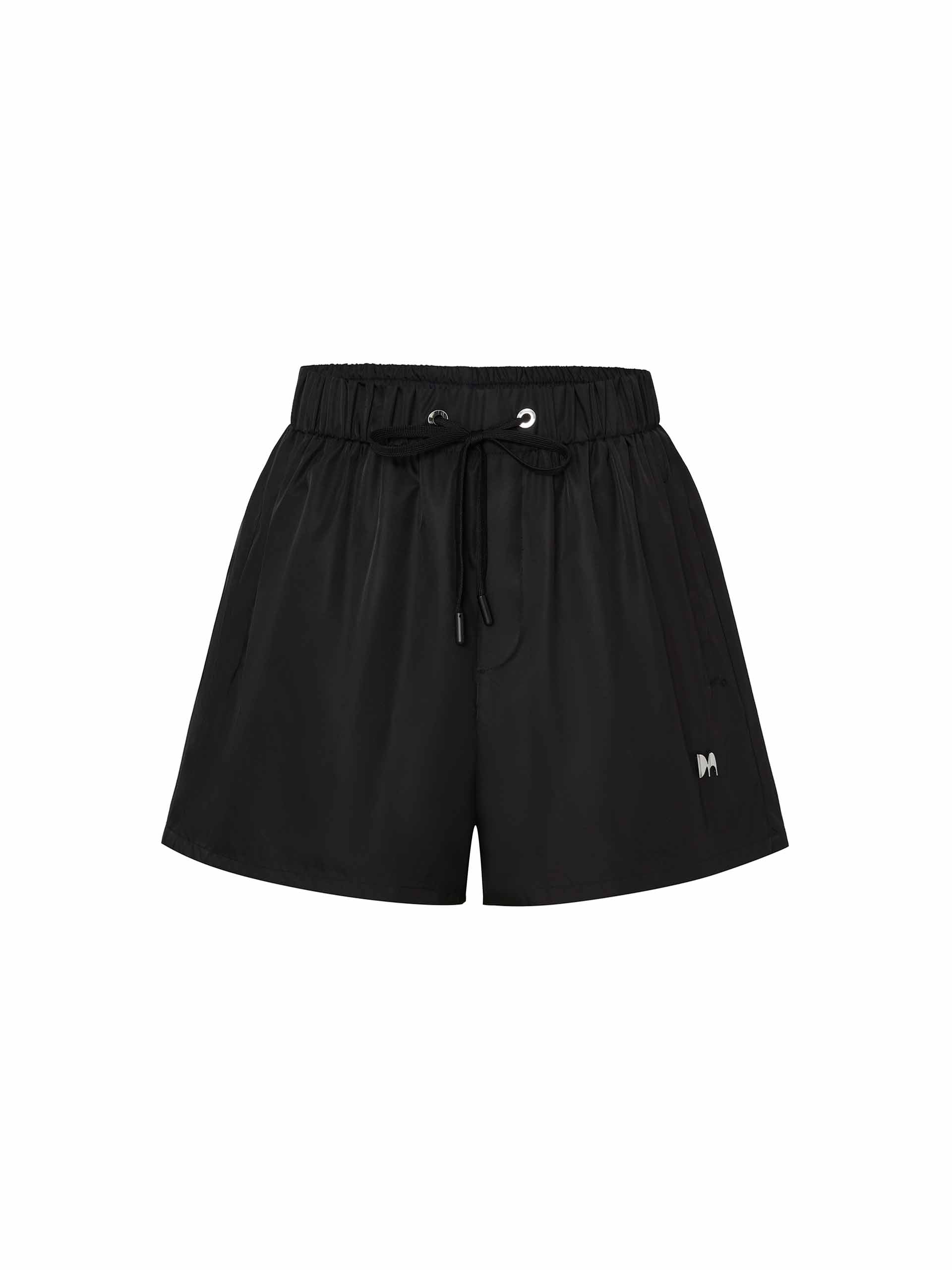 MO&Co. Women's Drawstring Elastic Waist Logo Shorts in Black