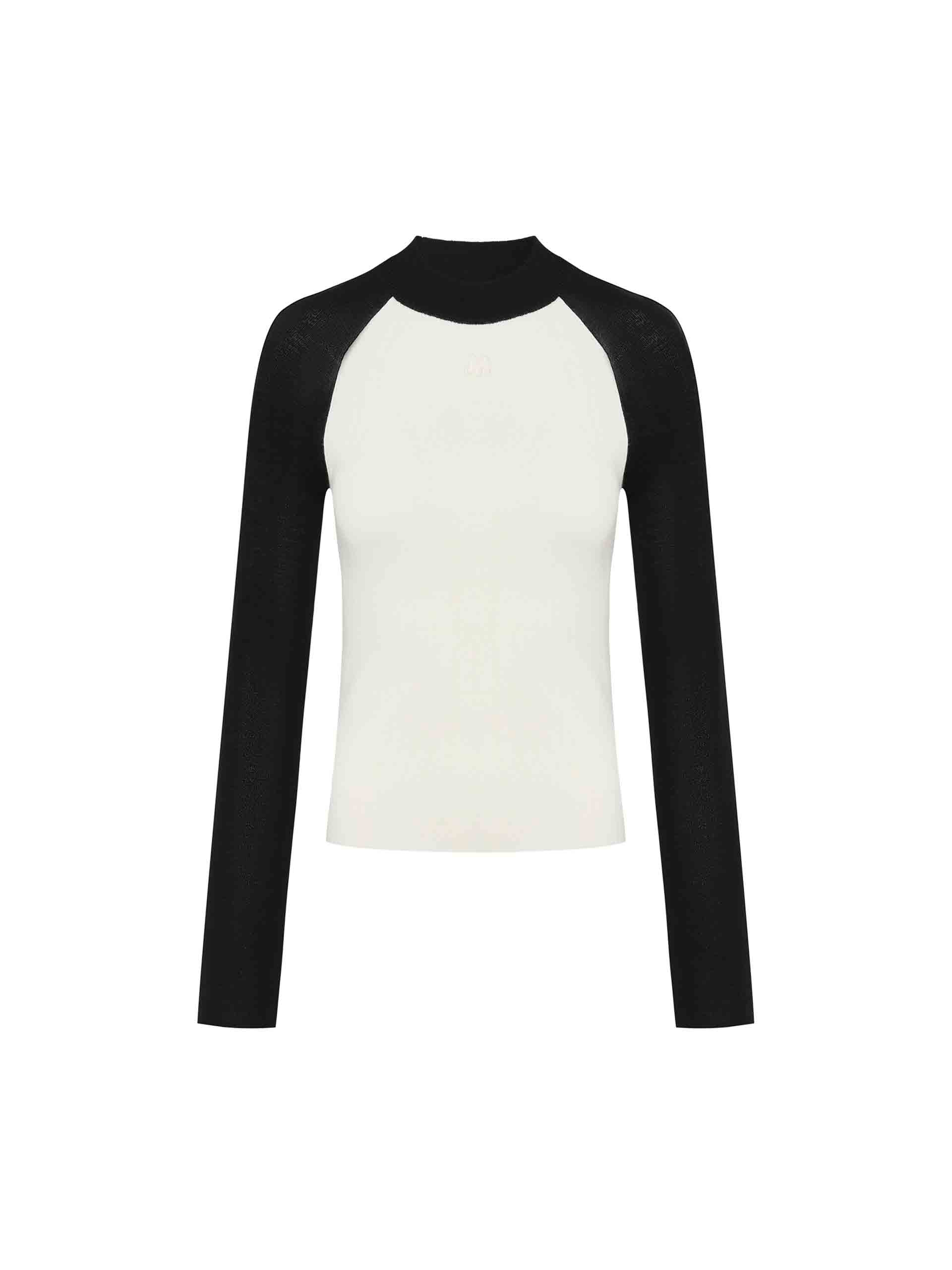 MO&Co. Women's Contrast Raglan Sleeve Tight Wool Blend Knit Top in Black and White 