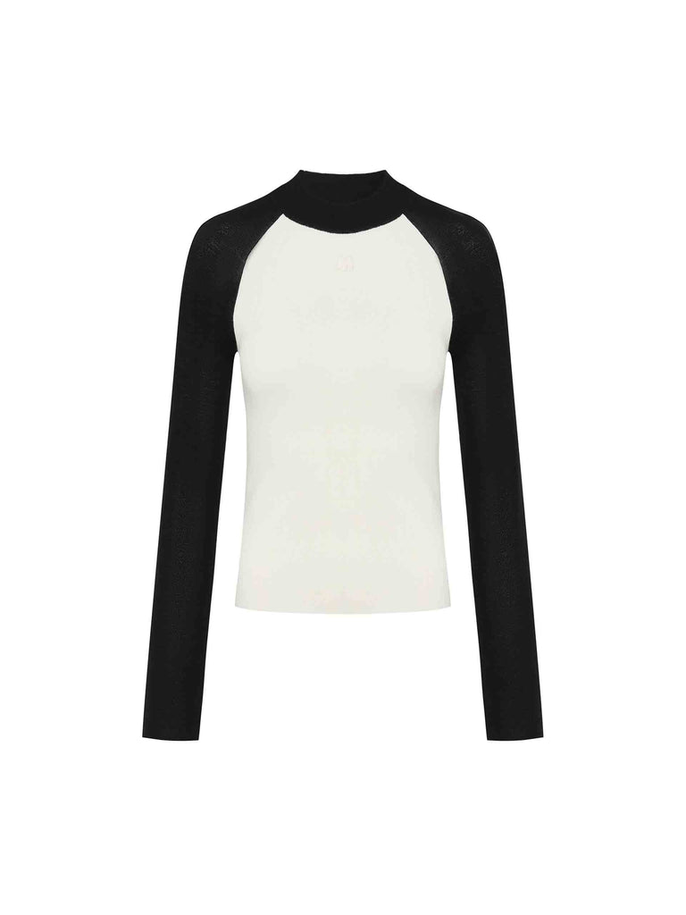 MO&Co. Women's Contrast Raglan Sleeve Tight Wool Blend Knit Top in Black and White 