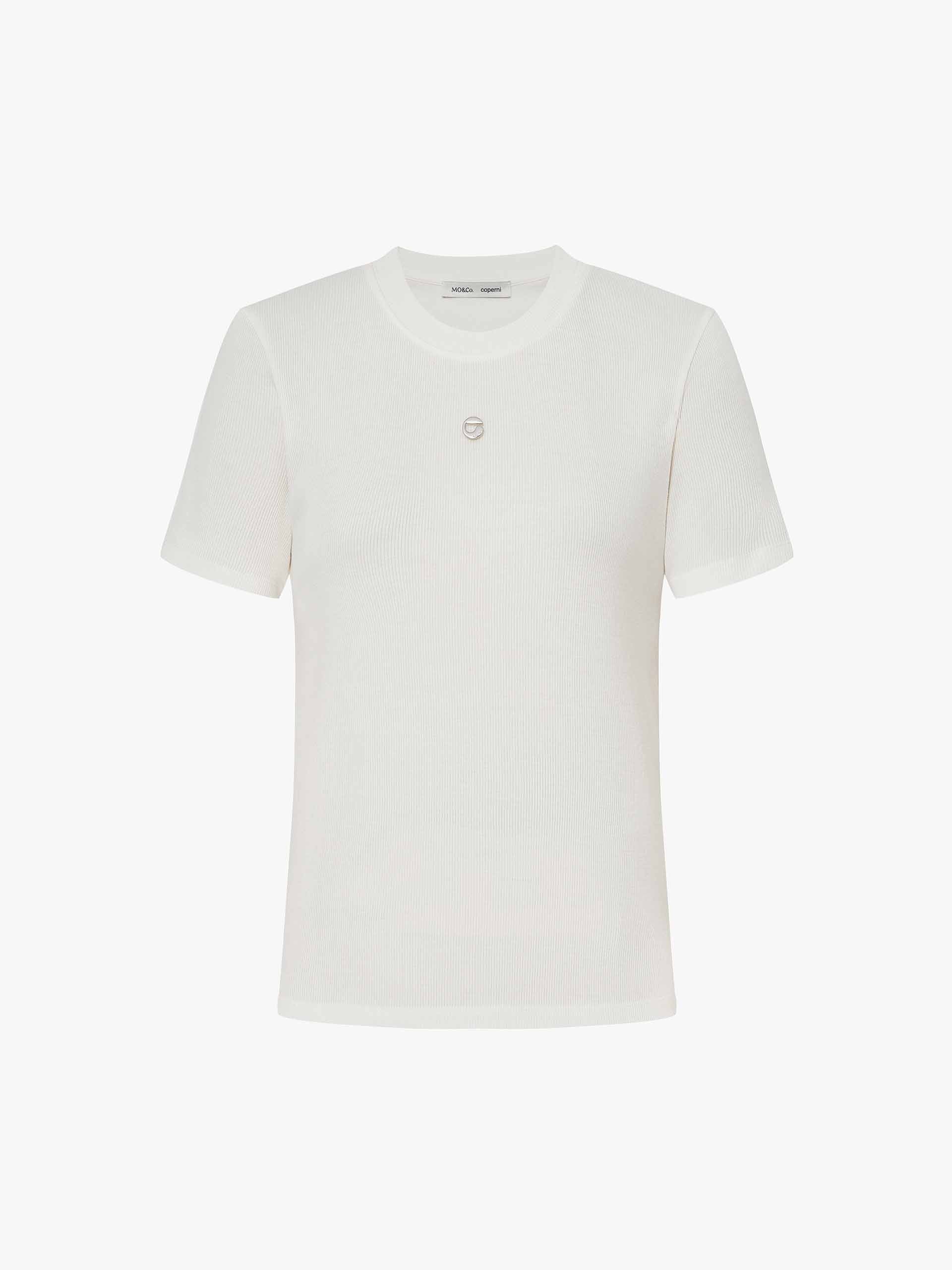 MO&Co. X Coperni Collection | Women's Round Neck White Knitted T-shirt with Metallic Logo