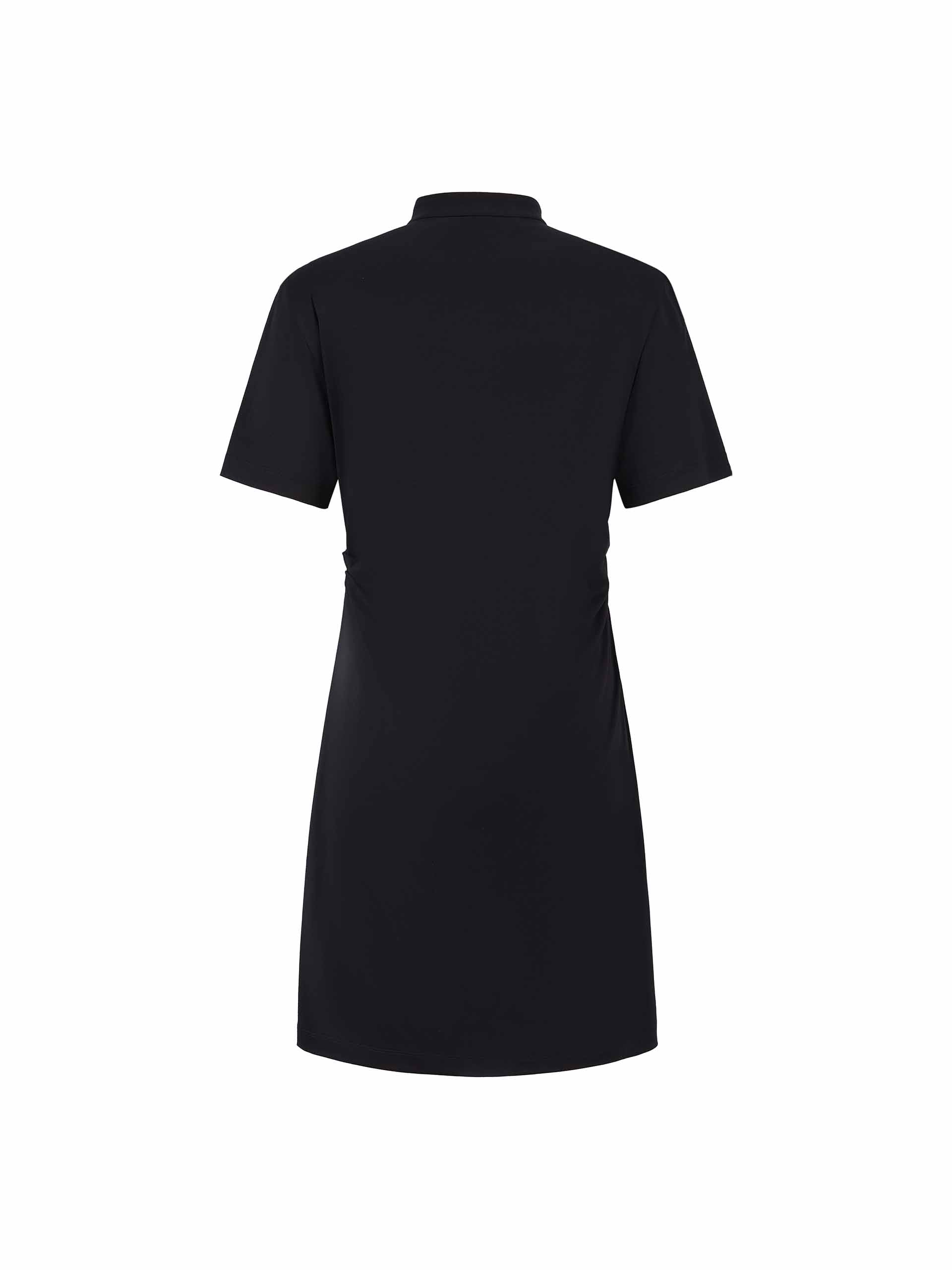 MO&Co. Women's Stand Collar Pleated Mini Dress in Black showcases an accentuated waistline, classic mandarin collar, and a unique slanted placket with metal button details for a perfect blend of classic and modern.