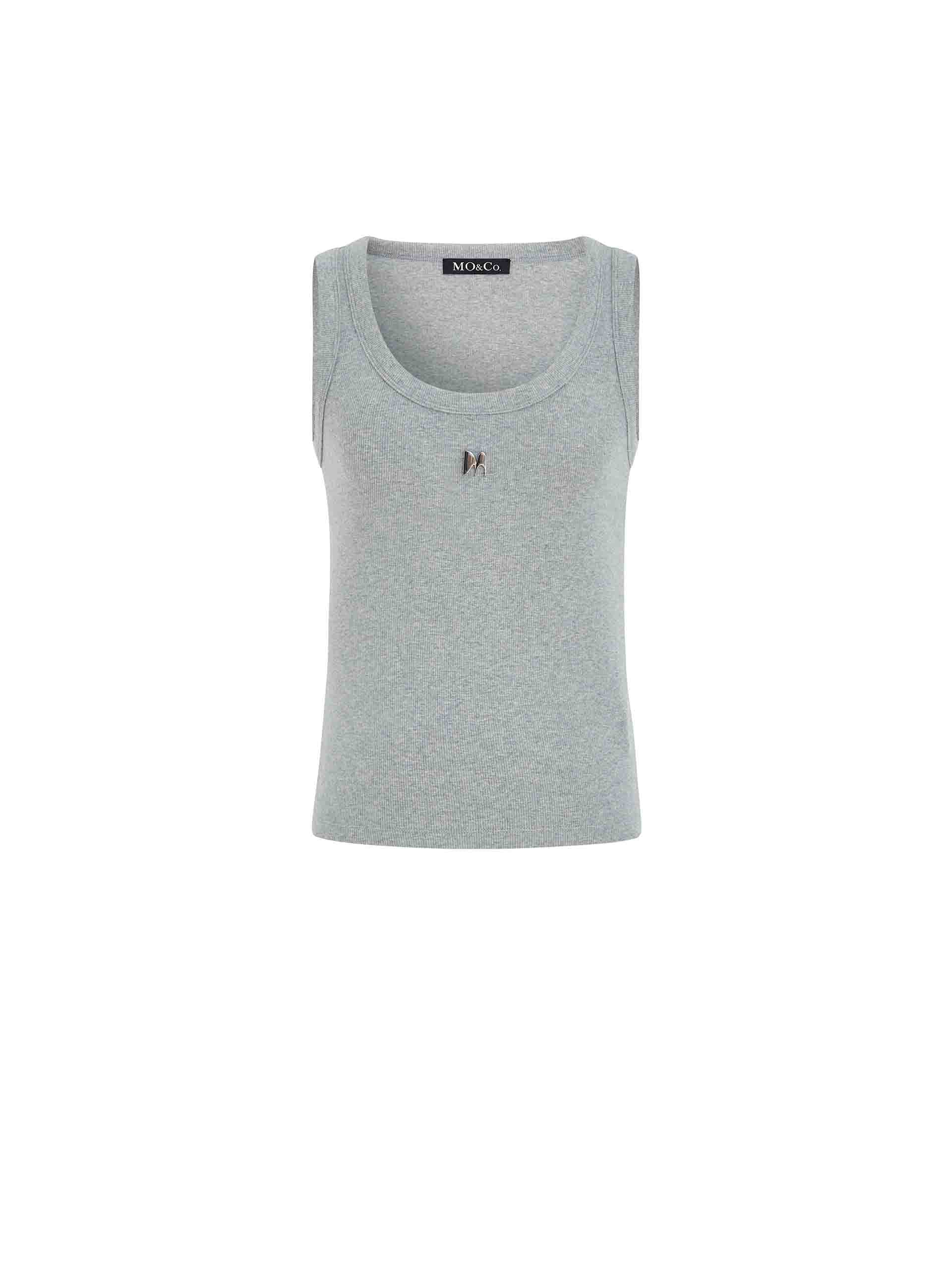 MO&Co. Women's Grey Metallic Detail Round Neck Ribbed Tank Top