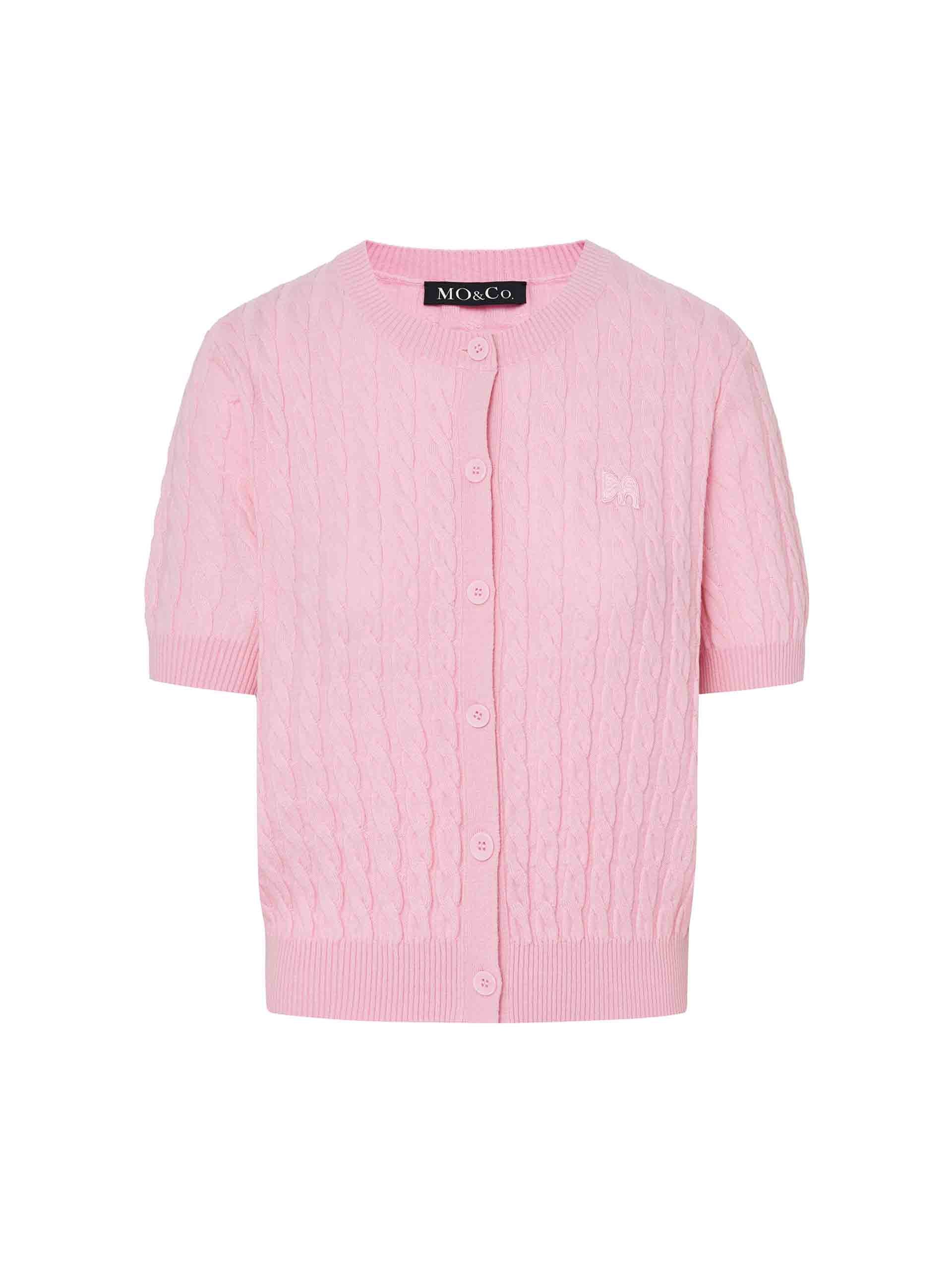 MO&Co. Women's Wool and Cashmere Cable Knit Sweater Cardigan in Short Sleeves in Pink