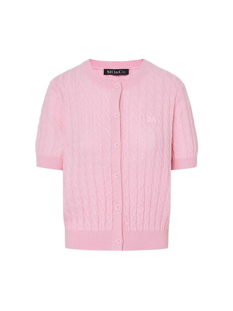 MO&Co. Women's Wool and Cashmere Cable Knit Sweater Cardigan in Short Sleeves in Pink