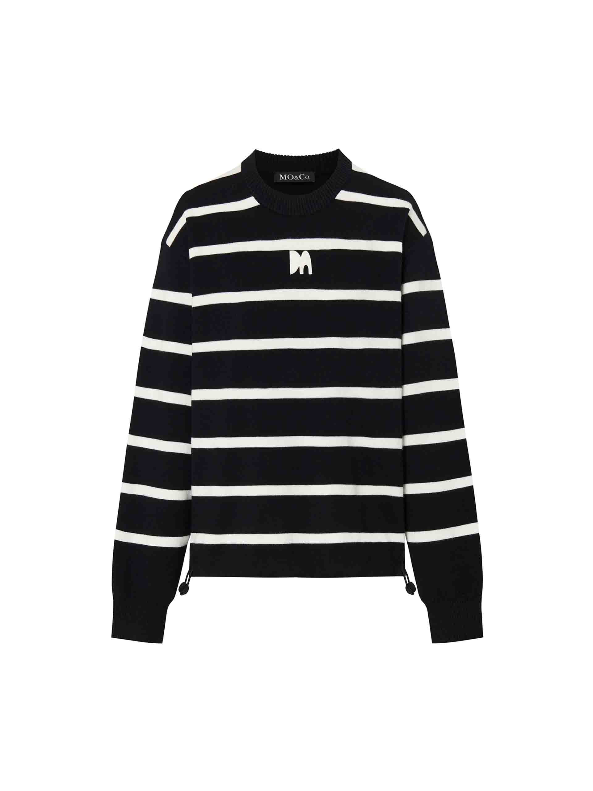 MO&Co. Women's Wool Blend Relaxed Fit Black and White Striped Pullover Sweater