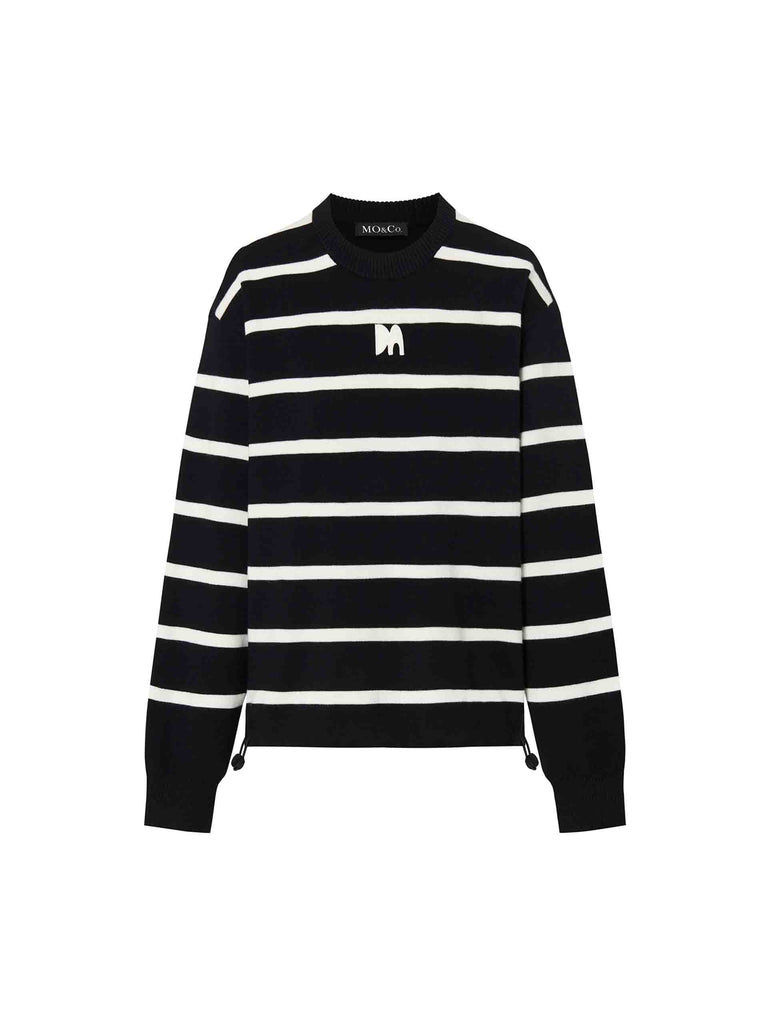 MO&Co. Women's Wool Blend Relaxed Fit Black and White Striped Pullover Sweater