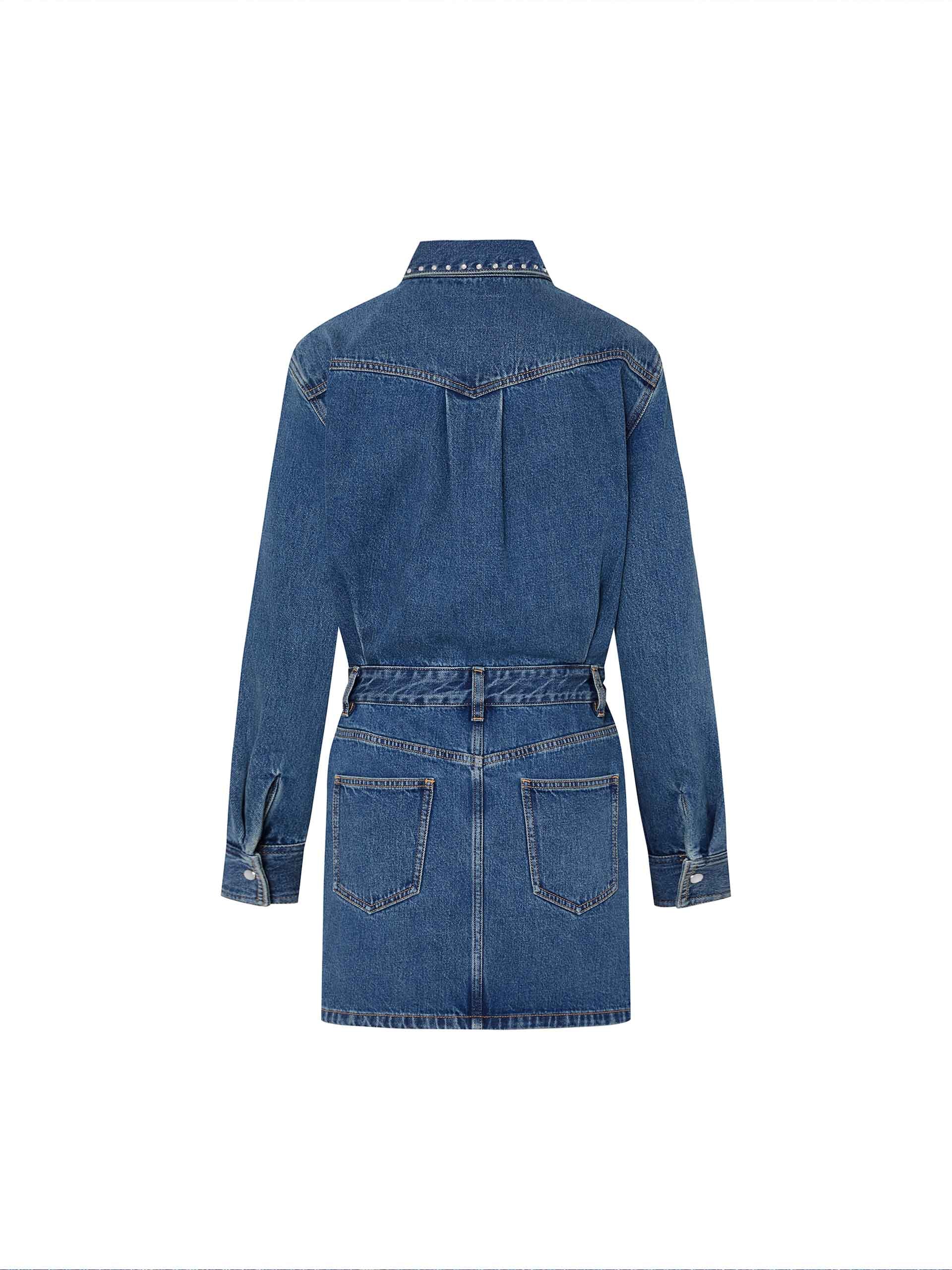 MO&Co. Women's Blue Long Sleeve Shirt Denim Mini Dress with Rhinestone Details