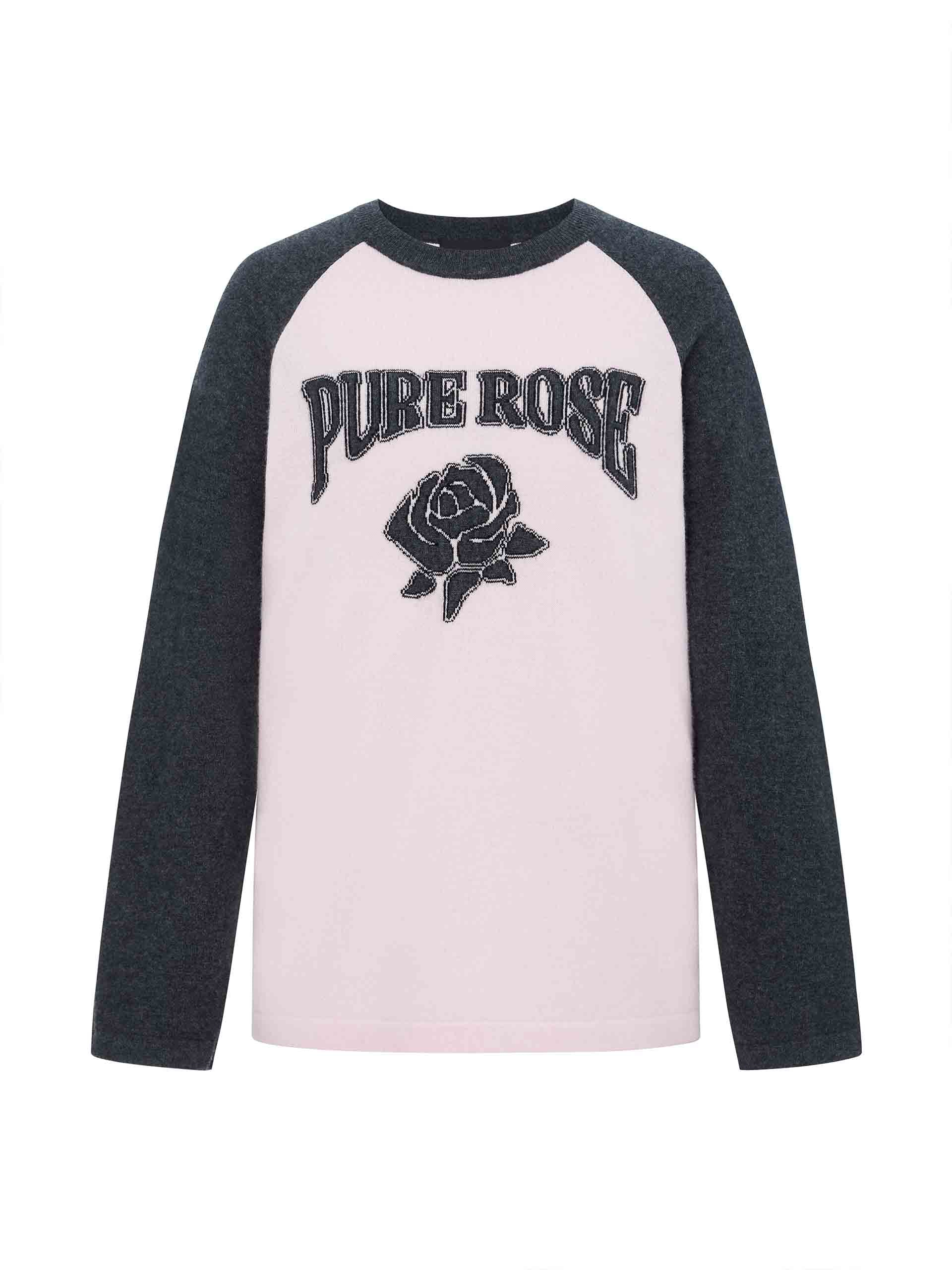 MO&Co. Women's Rose Letter Pattern Wool Cashmere Sweater Jumper Pink with Grey Raglan Sleeves