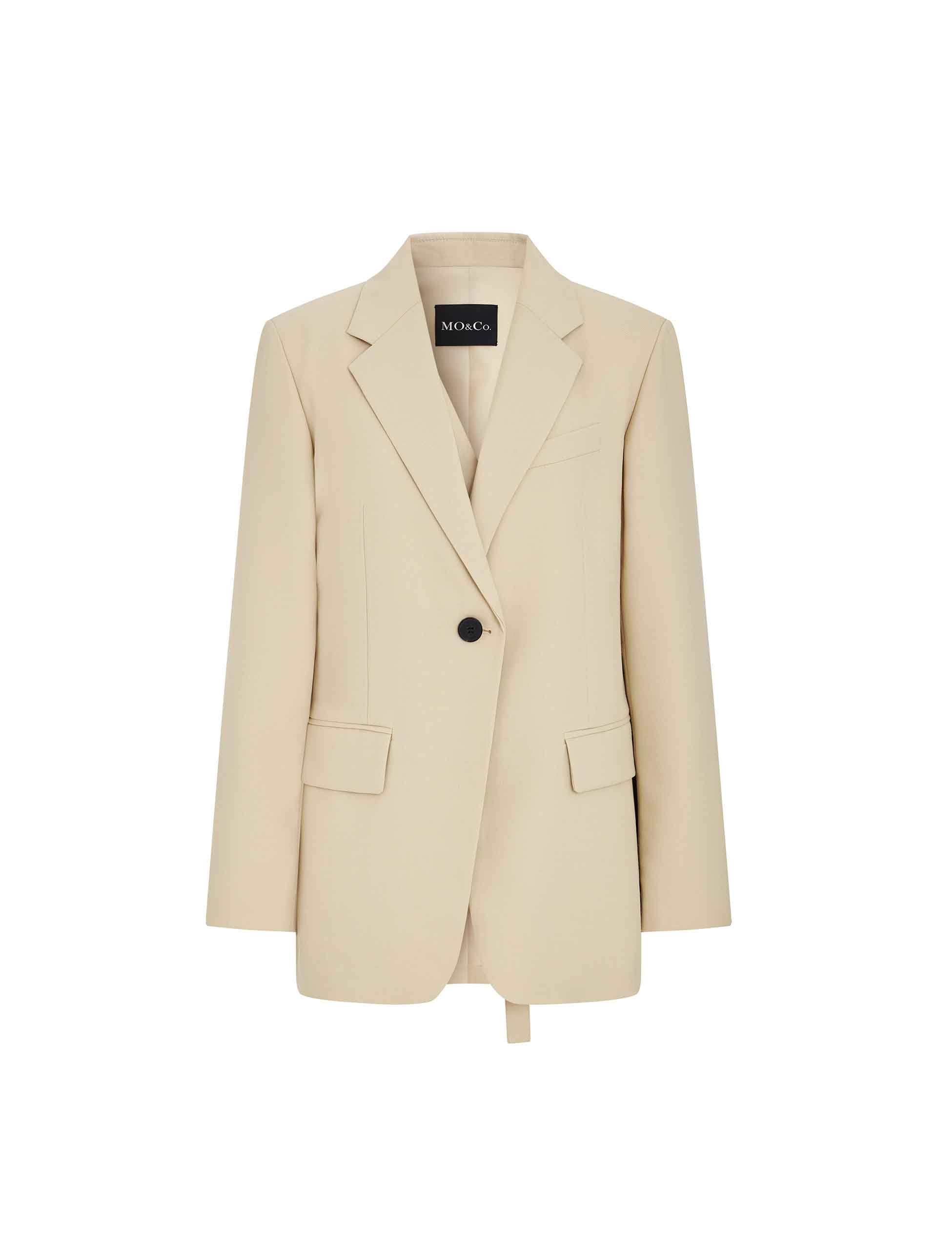 MO&Co. Women's Wool Blend Belt Detail Tailored Blazer in Beige