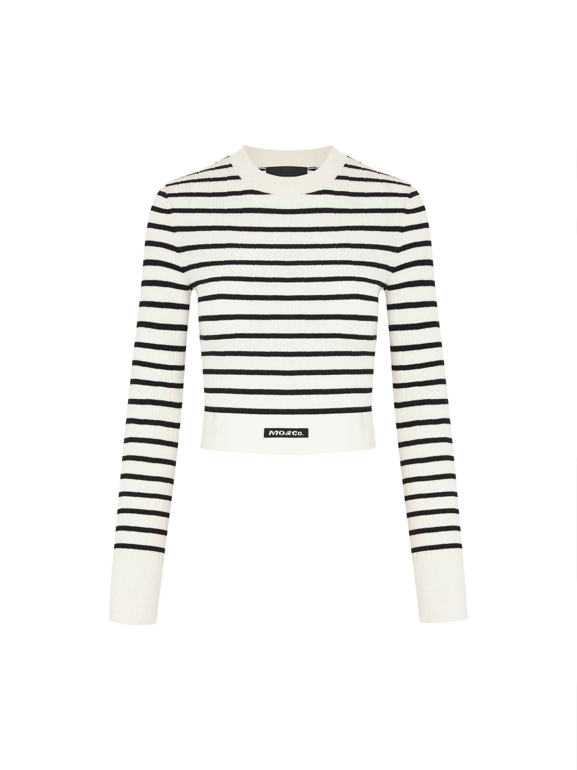 MO&Co. Women's Cropped Tight Fit Striped Rib Knit Top Long Sleeves in Black and White