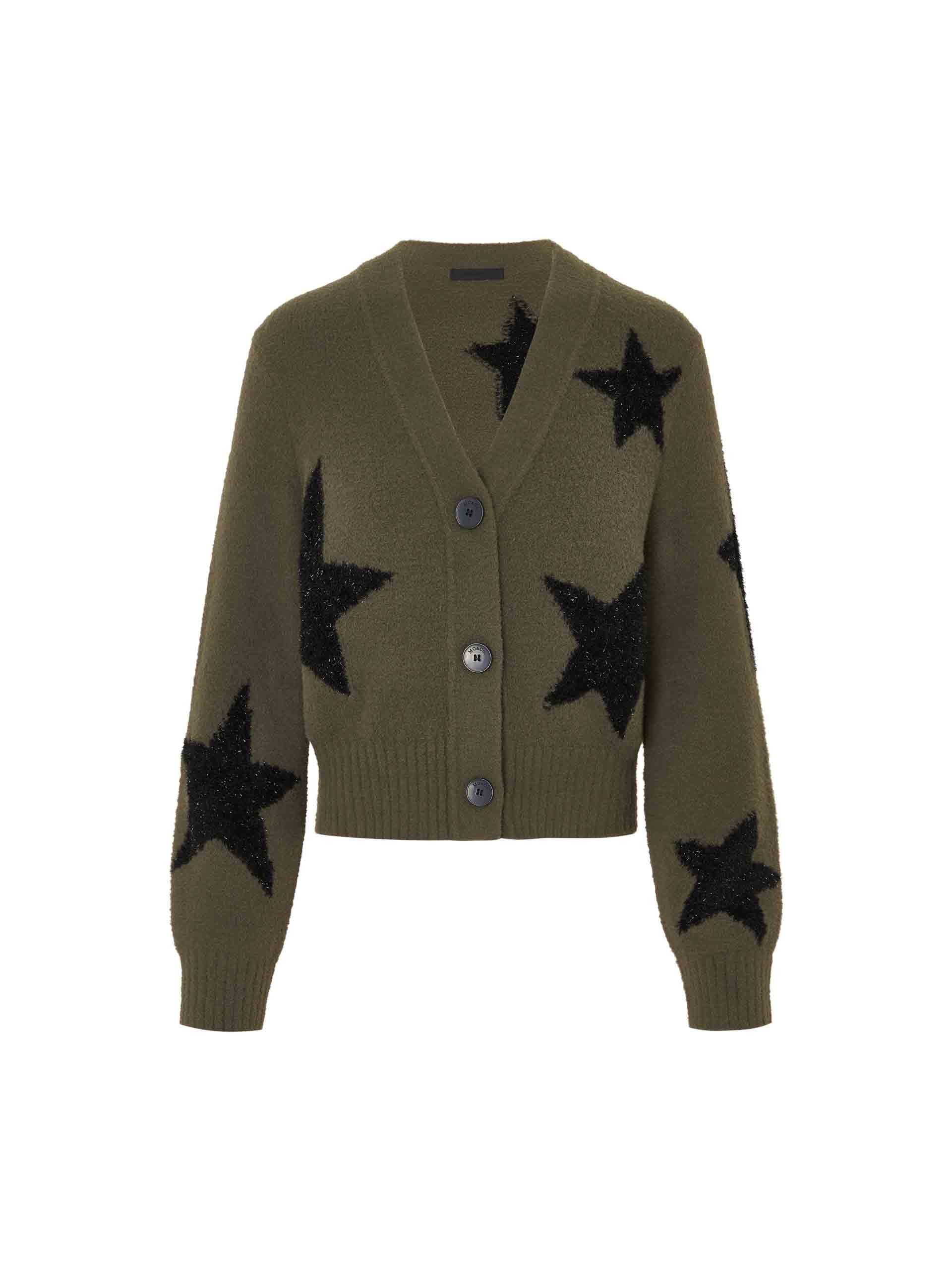 MO&Co. Women's Black Star Pattern V Neck Knitted Cardigan in Olive Eyelash Yarn