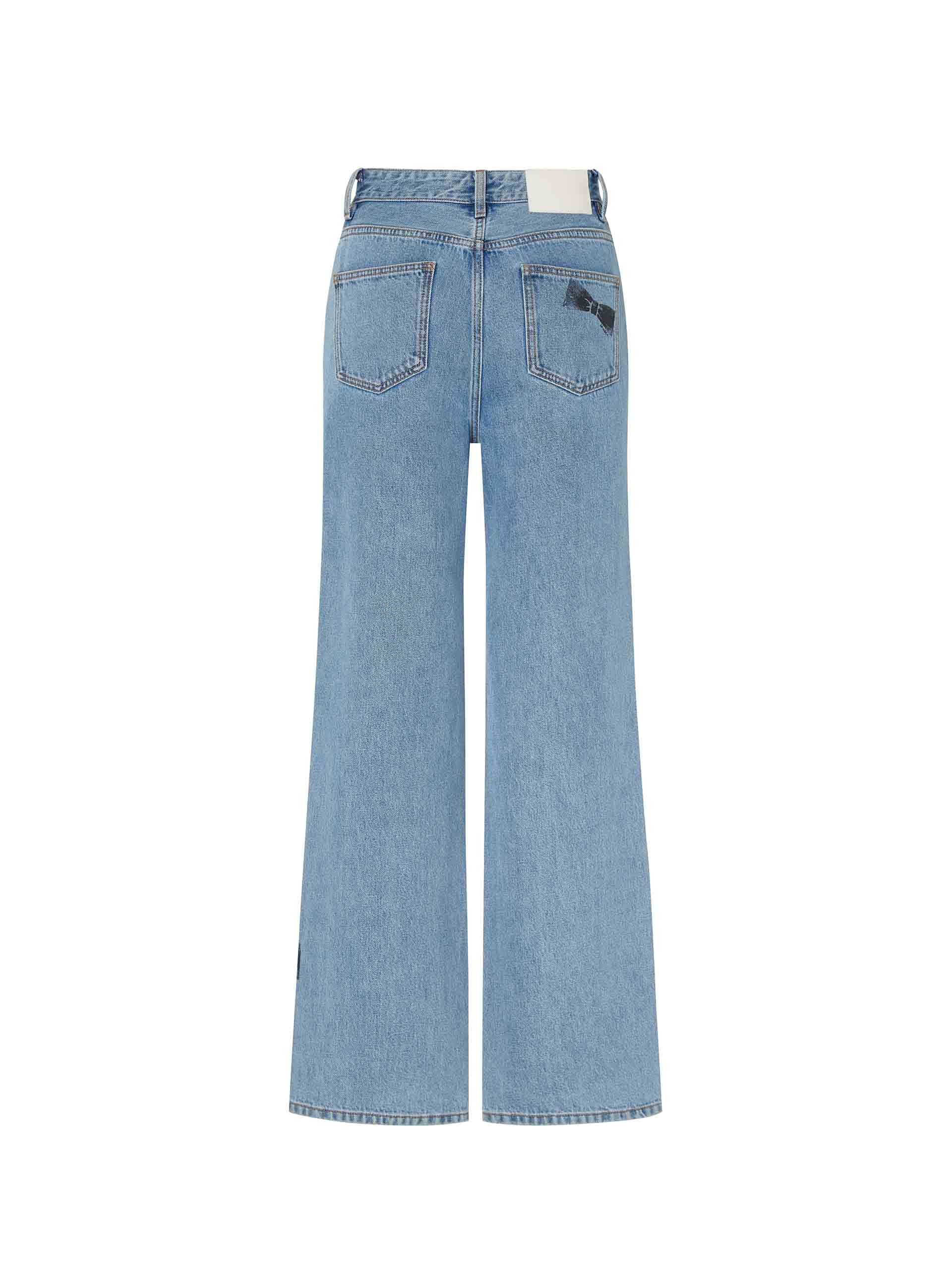 MO&Co. Women's Straight Bowknot Details Jeans in Blue. Featuring a high-waist design for a modern silhouette, these chic jeans are enhanced with bowknot-printed details at the back pocket and hem, adding a touch of femininity.