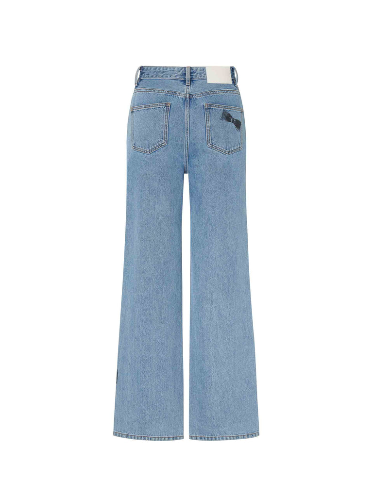 MO&Co. Women's Straight Bowknot Details Jeans in Blue. Featuring a high-waist design for a modern silhouette, these chic jeans are enhanced with bowknot-printed details at the back pocket and hem, adding a touch of femininity.