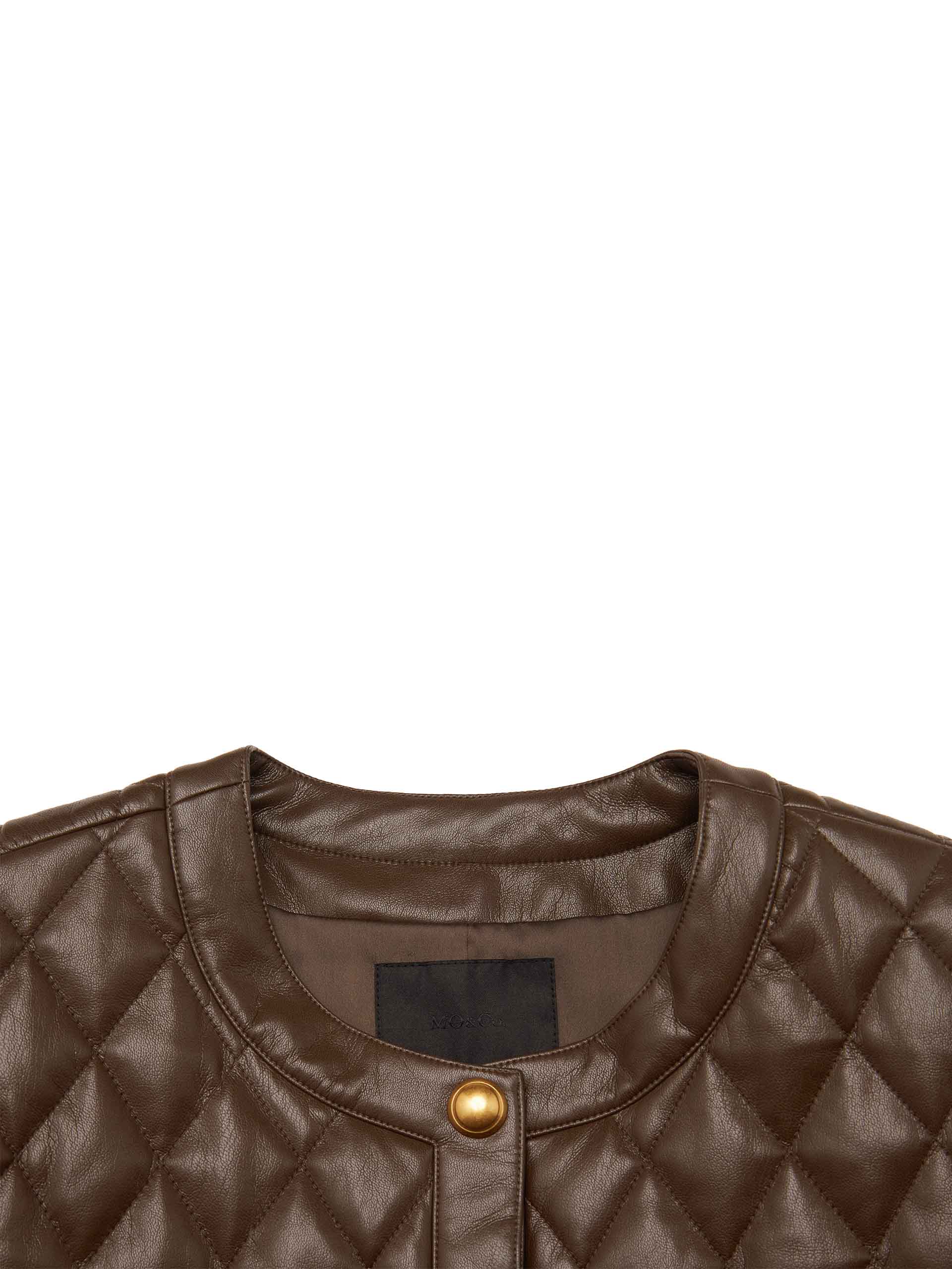 MO&Co. Women's Vegan Faux Leather Collarless Quilted Jacket in Brown