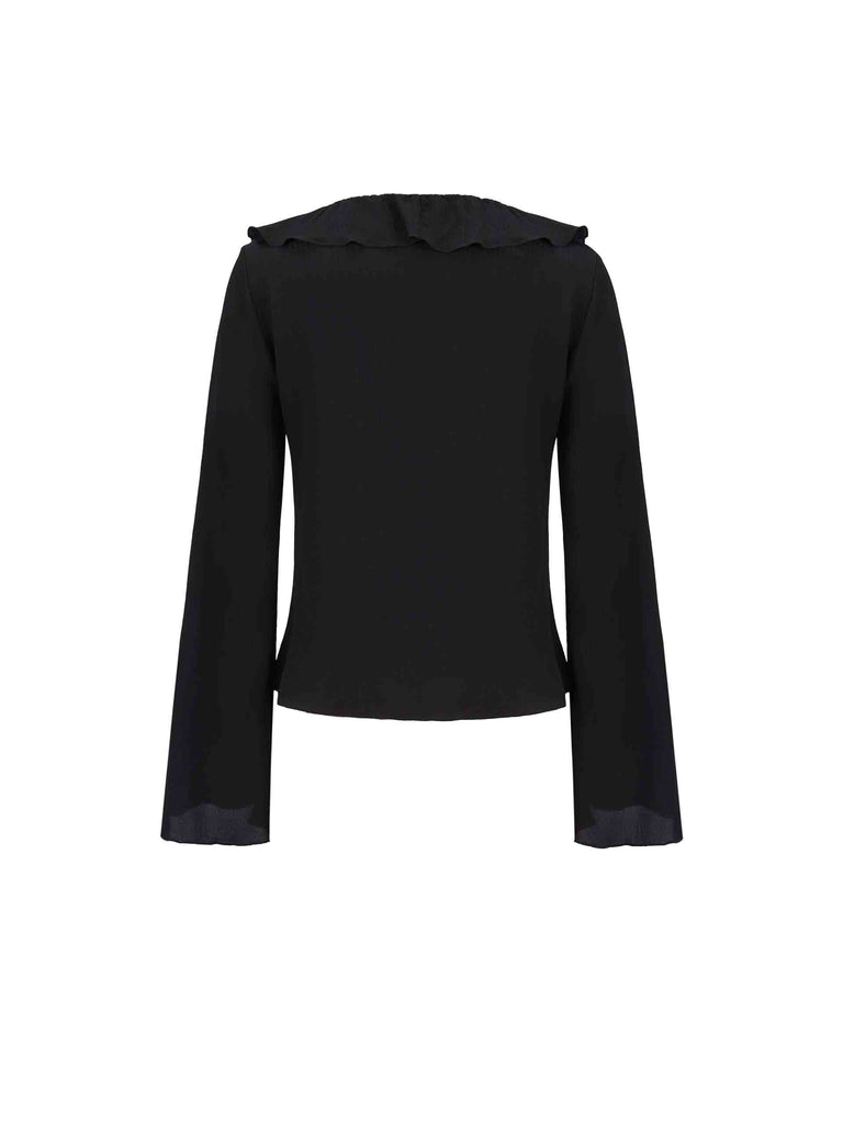 MO&Co.'s Silk Ruffled Trim Top Blouse in Black your go-to for a touch of elegance with its comfortable fit, flared sleeves, and self-tie knot closure with ruffle trim design, this high-quality blouse is sure to impress.