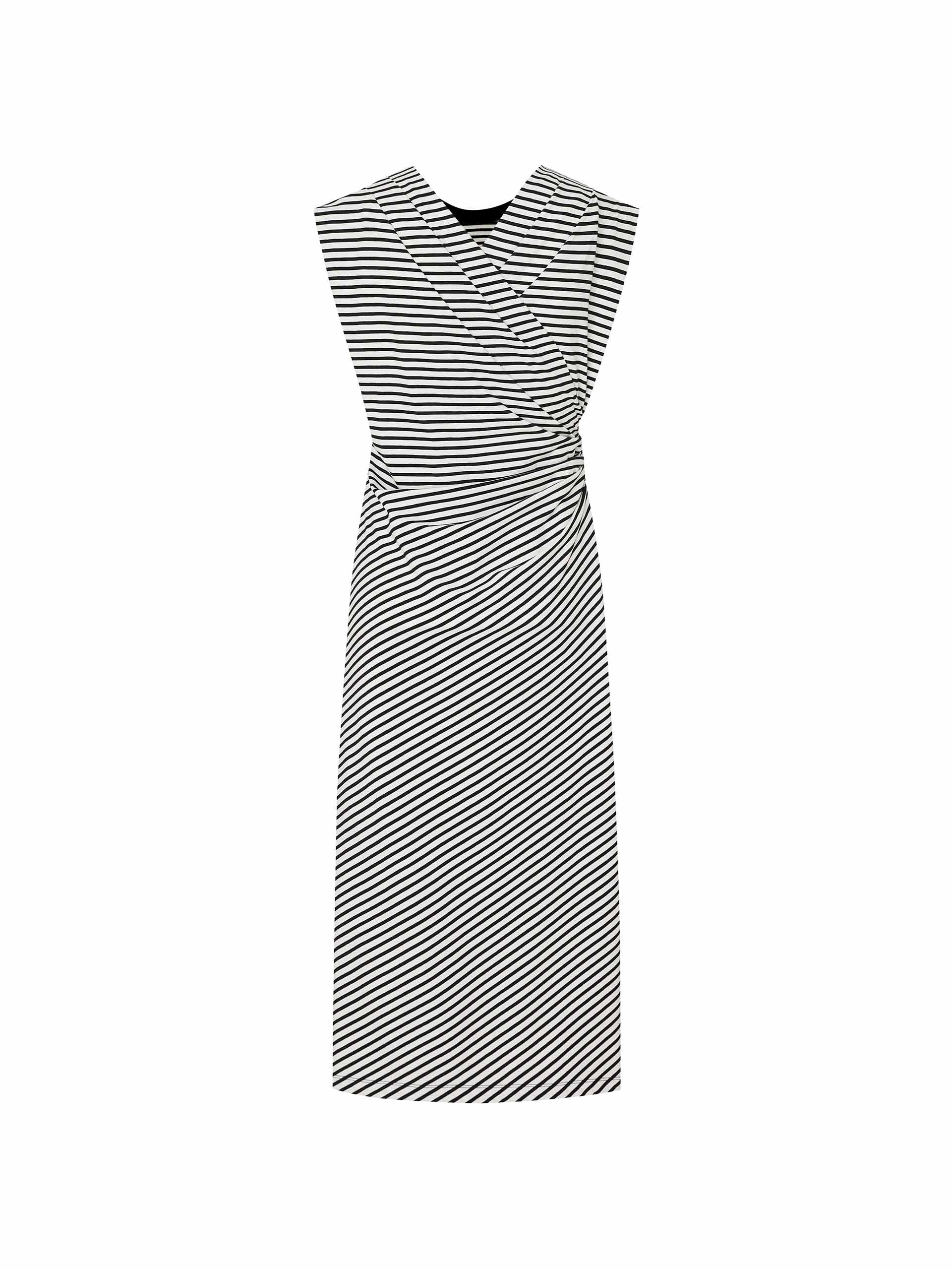 Be effortlessly elegant in this MO&Co. Gathered Waist Stripe dress in Classic Black and White. It features a timeless black and white striped pattern, a pleated gathering at the waist, a cross design at the back, and wide shoulders for a flattering silhouette.