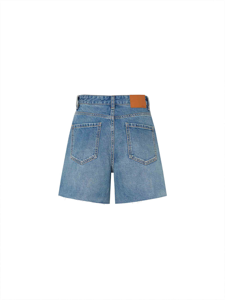 MO&Co.'s Raw Details Denim Shorts in Blue crafted from superior denim cotton, these pants boast subtle frayed hem detailing for an edgy, modern look.