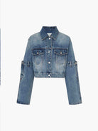 MO&Co. X Coperni Collection | Women's Paneled Open Elbow Blue Denim Jacket