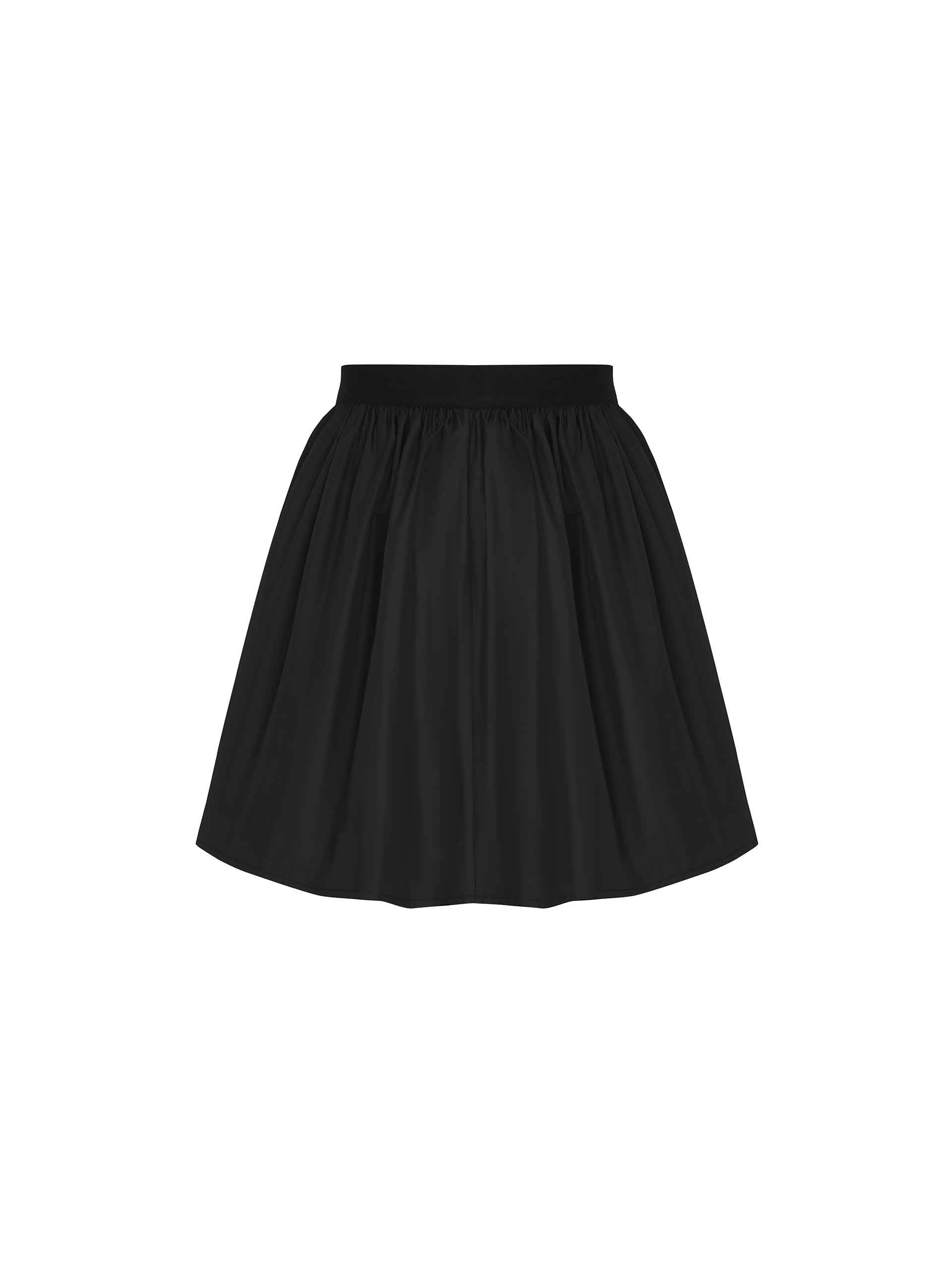 MO&Co. Women's Elastic Waist Pleated Mini Full Skirt in Black. Crafted with a high-waisted fit, this mini skirt flatters any figure and its stiff and smooth fabric ensures all-day chicness. Additional features include elastic waistband in woven M pattern design and double-side pocket.