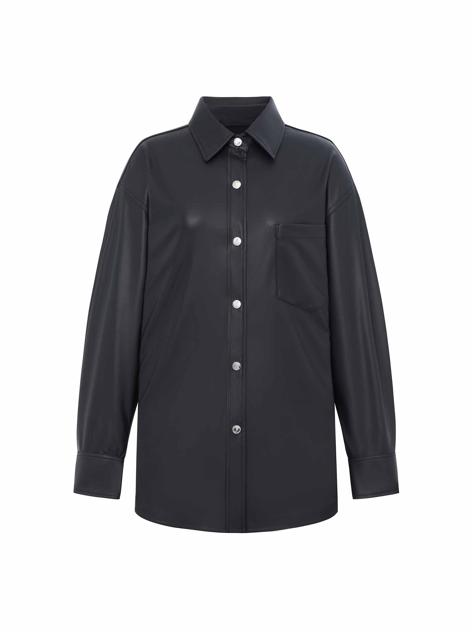 MO&Co. Women's Black Faux Leather Classic Overshirt