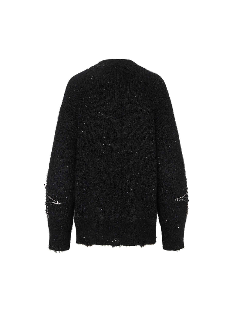 MO&Co. Noir Women's Oversized V Neck Textured Cardigan Black with Star Sequins