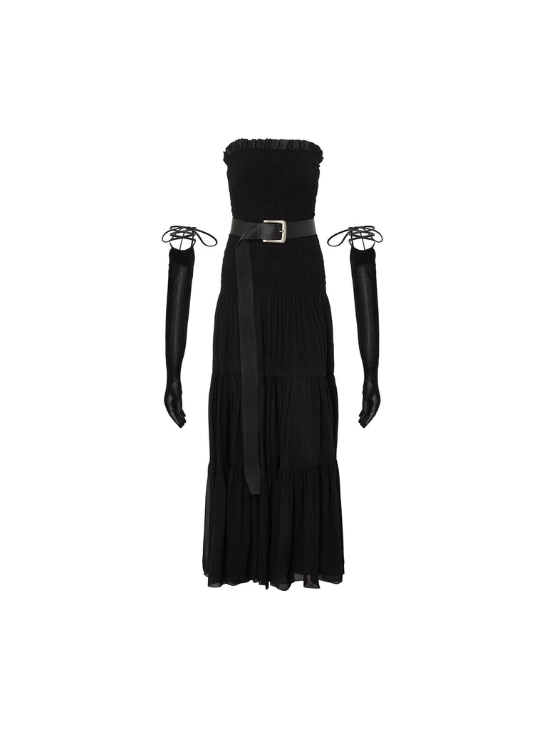 MO&Co. Noir Women's Silk Smocked Maxi Evening Tube Dress in Black with gloves and belt