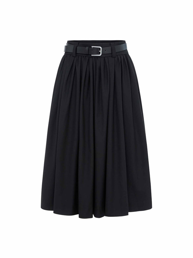 MO&Co. Women's A-line Pleated Midi Skirt with Belt Side Pockets in Black