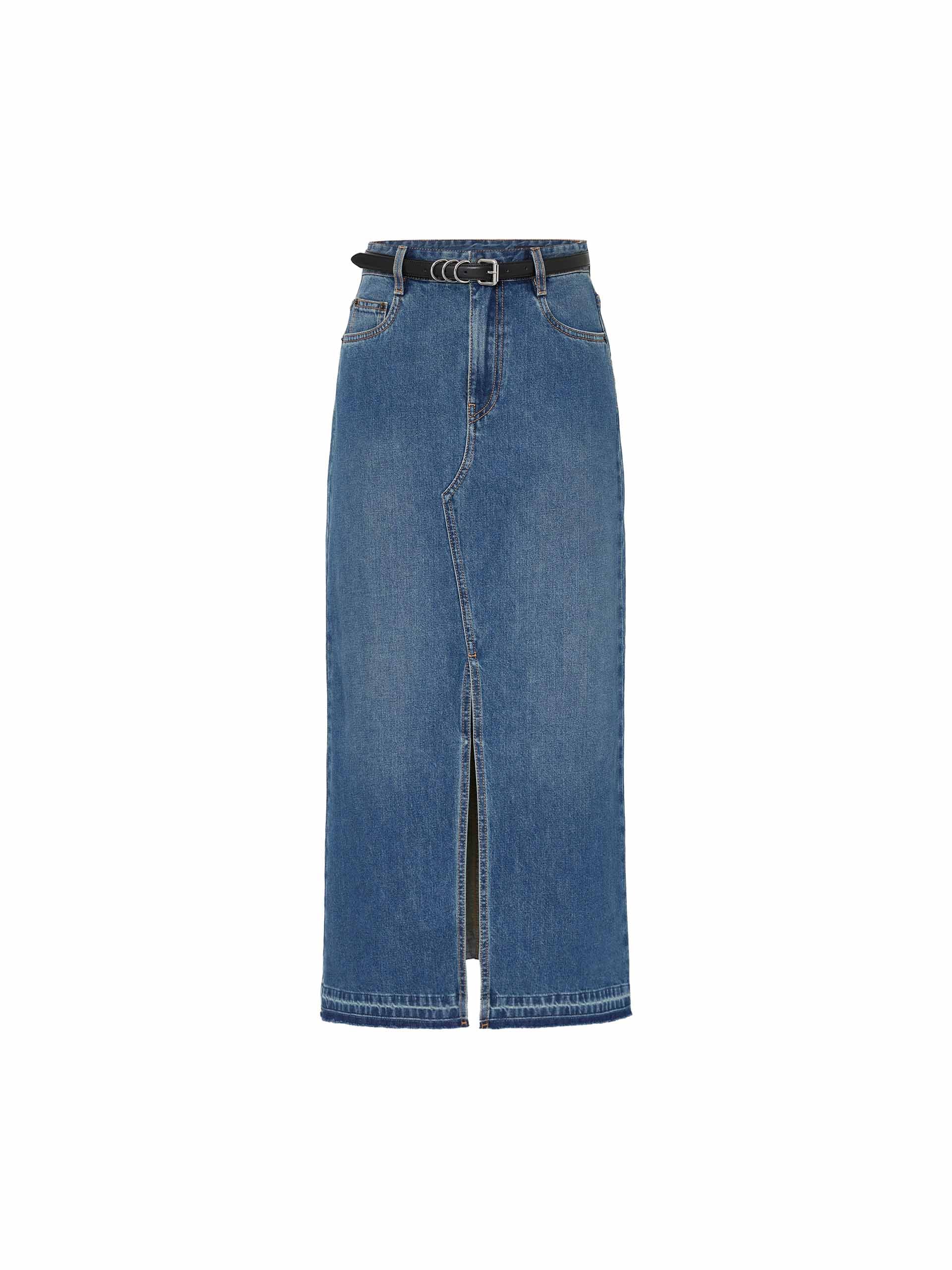 MO&Co. Women's Blue Front Slit Maxi Denim Skirt in Cotton