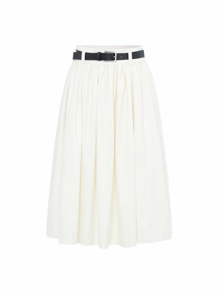 MO&Co. Women's A-line Pleated Midi Skirt with Belt Side Pockets in White